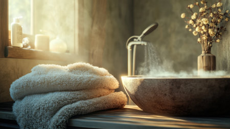 A serene bathroom scene featuring soft towels, a wooden bowl, and a modern faucet, creating a cozy atmosphere filled with steam and warm light. Perfect for relaxation imagery.の素材