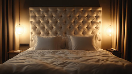 Explore this elegant hotel bedroom featuring a plush padded headboard and soft ambient lighting, creating a serene atmosphere perfect for relaxation and romantic getaways.の素材