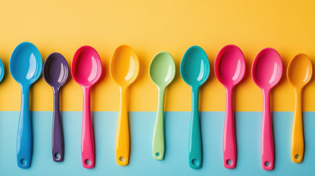 A vibrant and cheerful arrangement of colorful plastic spoons on a bright yellow and blue background, perfect for adding a playful touch to any kitchen or dining setting.の素材