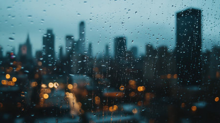 A moody rainy cityscape captured through a window, showcasing a blurred skyline with vibrant bokeh lights, evoking feelings of urban solitude and atmospheric change.の素材