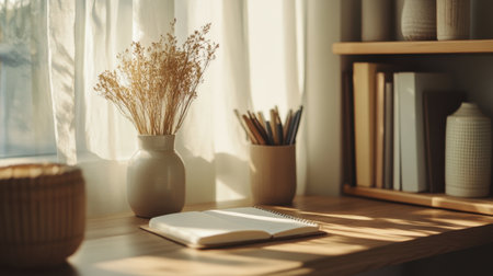 Bright and inviting workspace showcasing a cozy desk with natural light; includes dried flowers, stationery, and minimalist decor for a serene atmosphere perfect for creativity and focus.の素材