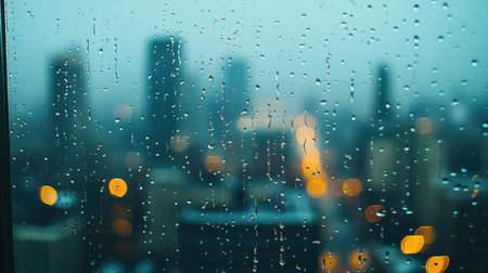 A soft and moody cityscape captured through a rainy window, featuring blurred lights and buildings, creating a serene and reflective atmosphere in an urban setting.の素材