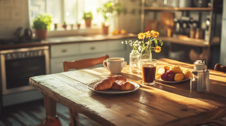 A charming kitchen scene capturing a warm morning atmosphere with fresh pastries, fruits, and a cozy beverage, illuminated by natural sunlight through the window.の素材