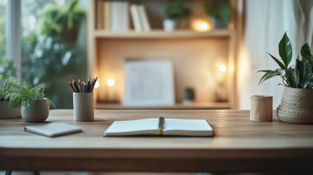 A serene and inviting desk scene featuring an open notebook, potted plants, and soft lighting. Ideal for enhancing creativity and productivity in a minimalistic workspace.の素材