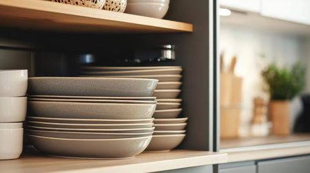 This image showcases a beautifully organized kitchen shelf, featuring a harmonious arrangement of minimalist dinnerware, enhancing the modern cooking experience.の素材
