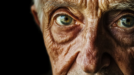 This close-up portrait showcases the weathered face of an elderly man, emphasizing the deep wrinkles and expressive eyes that tell a story of resilience and experience.の素材