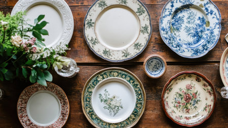 A beautiful assortment of vintage decorative plates displayed on a rustic wooden table, accompanied by fresh greenery and delicate flowers, perfect for enhancing dining aesthetics.の素材