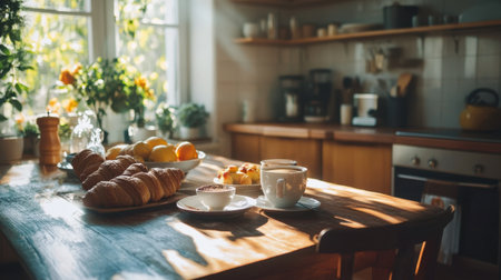 A sunlit kitchen showcases a wooden table laden with freshly baked pastries, vibrant fruits, and steaming coffee, creating a warm and inviting breakfast scene.の素材