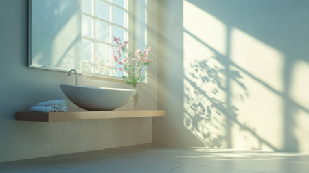 Bright and airy bathroom showcasing a sleek basin, delicate flowers, and soft natural light, creating a tranquil and modern space perfect for relaxation and rejuvenation.の素材
