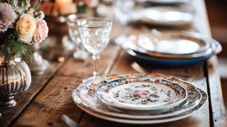 A beautifully arranged table showcasing vintage plates and glassware paired with a floral centerpiece, perfect for elegant dinners and special celebrations.の素材