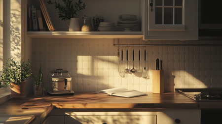 A bright kitchen filled with natural light, showcasing a wooden countertop with an open cookbook and simple tableware, creating a warm and inviting atmosphere for cooking.の素材