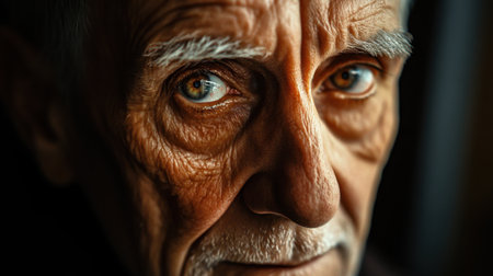 This close-up portrait of an elderly man showcases the beauty of aging, revealing deep wrinkles, expressive eyes, and a rich narrative of human experience and emotion.の素材