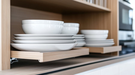 A modern kitchen shelf showcases neatly arranged white plates and bowls, highlighting a minimalist design with wood accents. Ideal for contemporary culinary spaces.の素材