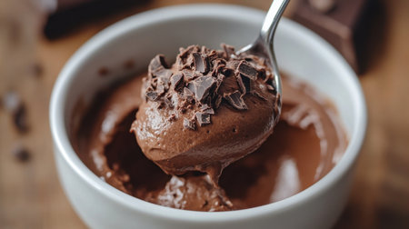 A tempting spoonful of creamy chocolate dessert garnished with chocolate shavings, perfect for indulging in a luxurious treat in a cozy kitchen setting.の素材