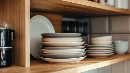 A modern kitchen shelf showcases a stack of clean plates and organized utensils, reflecting a minimalist aesthetic and perfect for culinary presentations in home decor.の素材