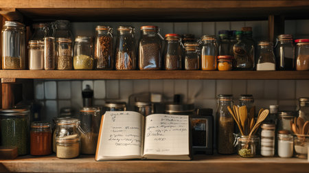 A beautifully organized kitchen pantry featuring glass jars filled with spices and ingredients, accompanied by a recipe notebook, showcasing the charm of home cooking and rustic style.の素材