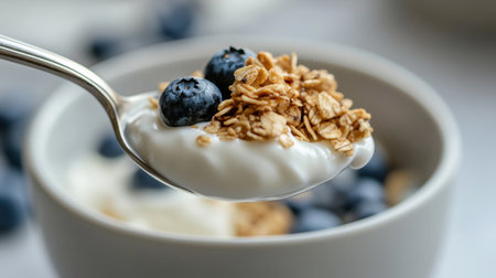 A close-up view of a spoonful of creamy yogurt with crispy granola and fresh blueberries, ideal for promoting healthy eating habits and nutritious meal ideas.の素材