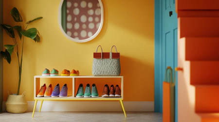 A vibrant interior scene showcases a shoe rack with a variety of colorful footwear amid modern decor. The bright walls and stylish elements create a cheerful atmosphere.の素材