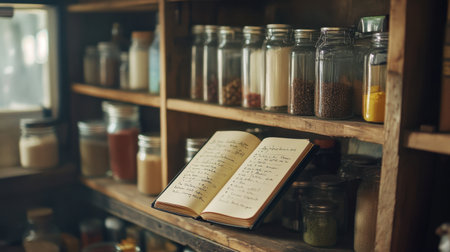 A serene kitchen scene featuring an open recipe book on wooden shelves adorned with various glass jars filled with spices and ingredients, inviting culinary exploration and creativity.の素材