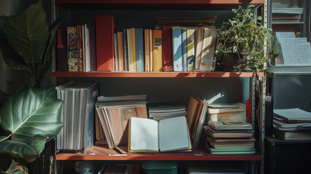 A charming workspace featuring a wooden bookshelf filled with books and notebooks, surrounded by plants, creating an inviting atmosphere for reading and writing.の素材