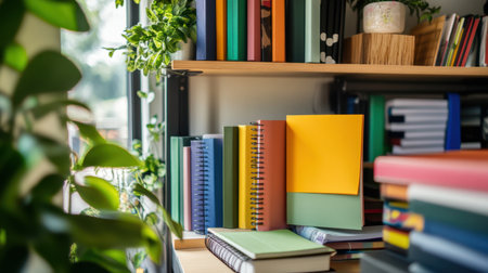 Brightly colored notebooks are organized on a wooden shelf alongside greens, providing an inviting atmosphere for creativity and study in a modern environment filled with natural light.の素材