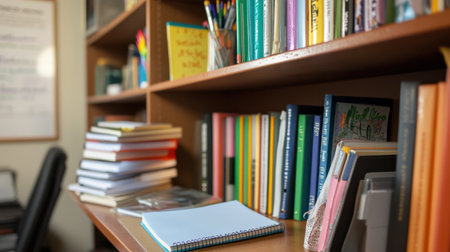 A vibrant study area showcasing a collection of colorful books and neatly arranged notebooks. This space promotes creativity and organization for effective studying and learning.の素材