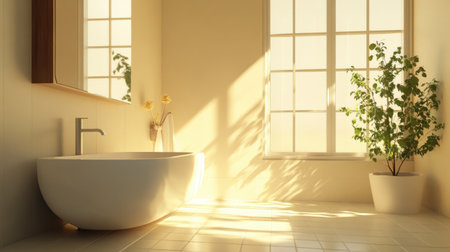 A serene modern bathroom featuring a sleek bathtub and abundant natural light that creates a tranquil atmosphere perfect for relaxation and rejuvenation.の素材