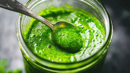 A close-up image of fresh green herb sauce in a glass jar, featuring a silver spoon. The vibrant color and smooth texture make it an ideal addition to various culinary dishes.の素材