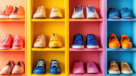 A vibrant shoe rack displays a variety of footwear styles in bright colors, offering a stylish and organized choice for fashion enthusiasts and home decor lovers alike.の素材