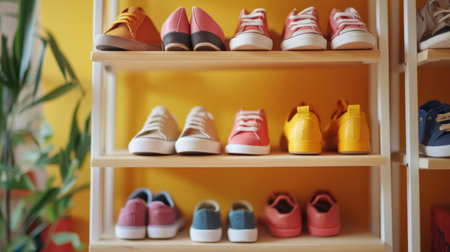 A vibrant display of children's shoes arranged on wooden shelves against a bright yellow wall, showcasing various styles perfect for playful and stylish kids.の素材