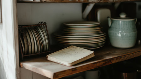 A rustic kitchen shelf displays vintage plates and cookware alongside a simple notebook, creating an inviting and nostalgic atmosphere perfect for home cooking and family gatherings.の素材