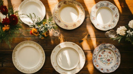 This image showcases an elegant arrangement of vintage plates on a rustic wooden table, surrounded by colorful blooms, creating a warm and inviting dining atmosphere.の素材