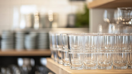 A collection of clear glassware neatly stacked on a wooden shelf showcases a stylish and minimalistic home or restaurant kitchen setting, enhancing the inviting atmosphere.の素材