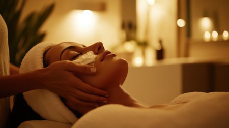 A serene spa setting featuring a woman receiving a gentle facial massage, surrounded by soft lighting and calm ambiance, promoting relaxation and rejuvenation.の素材