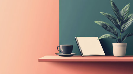 A serene desk corner featuring a notebook, a coffee cup, and a vibrant green plant against a softly colored wall, perfect for a calm and inspiring work atmosphere.の素材