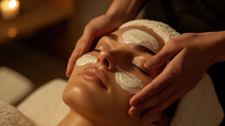 Experience a tranquil spa session as a woman enjoys a soothing facial treatment with gentle cream application, promoting relaxation and skin rejuvenation.の素材