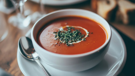 A bowl of creamy tomato soup garnished with fresh herbs, perfect for a cozy meal. Served with crusty bread, this dish is ideal for any food lover.の素材
