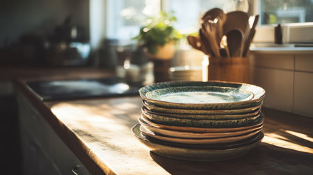 This warm kitchen scene features a stack of rustic plates and wooden utensils, beautifully illuminated by natural light, ideal for culinary and home decor inspiration.の素材