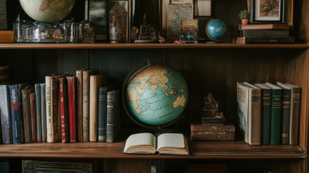 A cozy wooden bookshelf displays an antique globe and classic books, capturing the essence of knowledge and adventure, perfect for a stylish study space.の素材