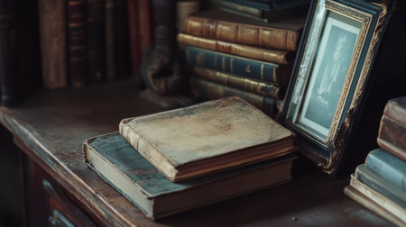 A nostalgic arrangement of vintage books on a rustic wooden table beside an ornate photo frame captures the essence of timeless elegance in a cozy library setting.の素材
