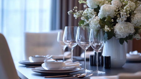 A beautifully arranged dining table featuring elegant tableware, sparkling glasses, and a stunning floral centerpiece, ideal for creating a warm and inviting atmosphere.の素材