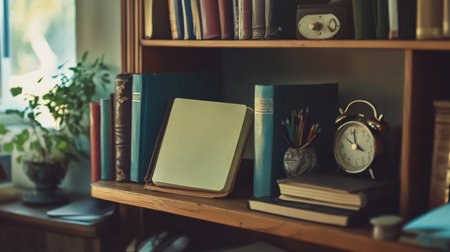 A warm home library scene showcasing organized books, a classic clock, and a blank notebook, perfect for inspiration and creativity in a cozy reading space.の素材