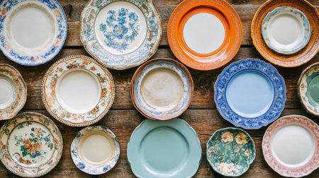 Discover a stunning display of vintage dinner plates featuring various colors and intricate patterns arranged on a rustic wooden surface, perfect for enhancing home decor aesthetics.の素材