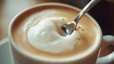 Indulge in the inviting details of a creamy coffee beverage as a spoon gently stirs frothy milk on top, creating a cozy cafの素材