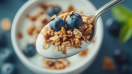 This image features a close-up of yogurt topped with granola and blueberries on a spoon, highlighting a nutritious and appealing breakfast option.の素材