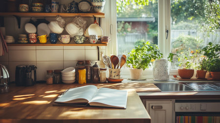 A charming kitchen scene featuring an open recipe book surrounded by fresh herbs and vibrant cookware, illuminated by gentle sunlight streaming through the window. Perfect for cooking inspiration.の素材