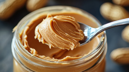 Close-up view of creamy peanut butter being spooned from a glass jar, surrounded by whole peanuts, highlighting its rich texture and delicious flavor for various recipes.の素材