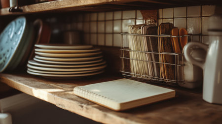 This image captures a rustic kitchen scene with wooden shelves displaying elegant plates and utensils, complemented by a notepad, evoking warmth and culinary creativity.の素材