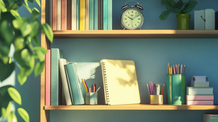 A bright and inviting desk nook featuring books, stationery, a clock, and plants, creating a cozy atmosphere ideal for study or work, promoting productivity and inspiration.の素材