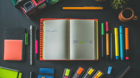 A vibrant arrangement of stationery and office supplies showcases an open notebook, colorful pens, and markers, creating an inspiring workspace for creativity and productivity.の素材